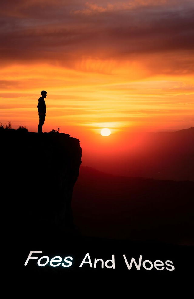 A dramatic sunset illuminating a cliff with a dark silhouette of a boy standing at the edge