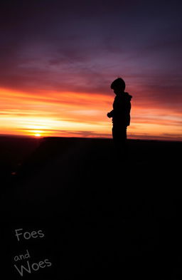 A dramatic sunset illuminating a cliff with a dark silhouette of a boy standing at the edge