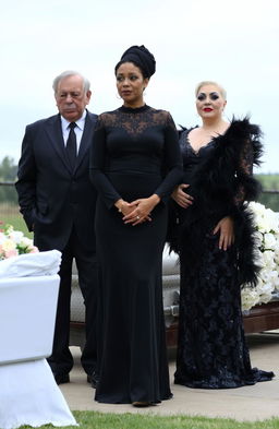 A somber yet unique funeral scene, featuring a middle-aged man in a tailored black suit, looking solemn as he stands beside a graceful woman in an elegant black dress with lace accents