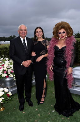 A somber yet unique funeral scene, featuring a middle-aged man in a tailored black suit, looking solemn as he stands beside a graceful woman in an elegant black dress with lace accents