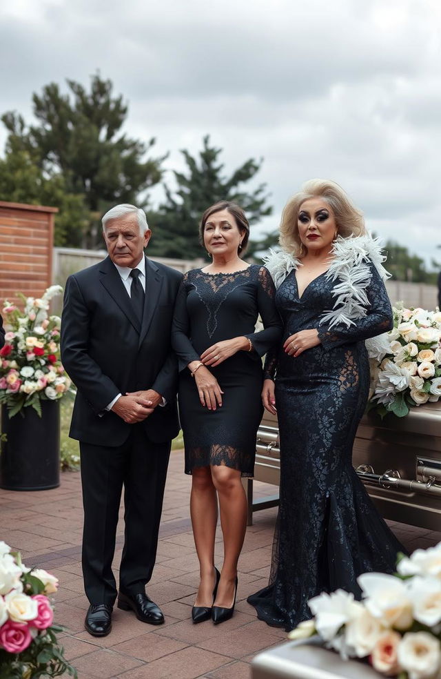 A somber yet unique funeral scene, featuring a middle-aged man in a tailored black suit, looking solemn as he stands beside a graceful woman in an elegant black dress with lace accents