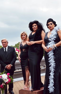 A somber yet unique funeral scene, featuring a middle-aged man in a tailored black suit, looking solemn as he stands beside a graceful woman in an elegant black dress with lace accents