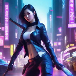 Hyper realistic image of a gorgeous Korean girl in an advanced cyberpunk attire with long pants, dexterously wielding a long, gleaming katana, set against the neon-infused landscapes of a tech-forward, futuristic metropolis