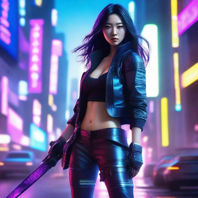 Hyper realistic image of a gorgeous Korean girl in an advanced cyberpunk attire with long pants, dexterously wielding a long, gleaming katana, set against the neon-infused landscapes of a tech-forward, futuristic metropolis