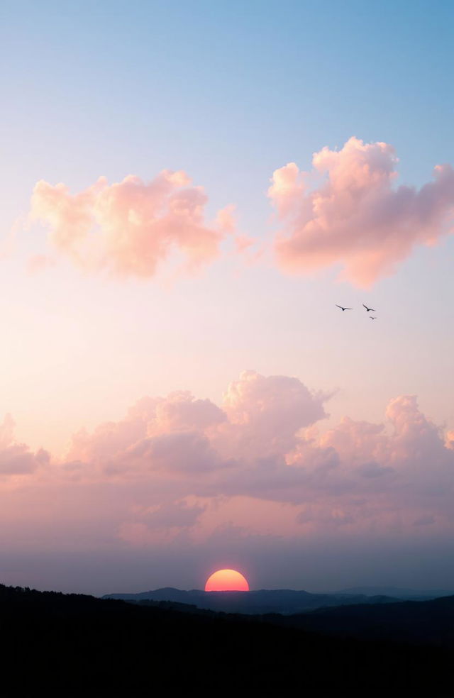 A dreamy landscape with fluffy, soft clouds in a pastel sky, illuminated by the warm glow of the sun setting on the horizon