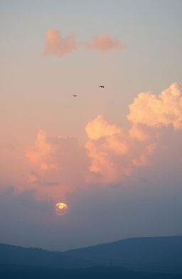 A dreamy landscape with fluffy, soft clouds in a pastel sky, illuminated by the warm glow of the sun setting on the horizon