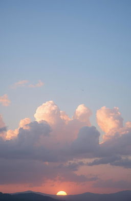 A dreamy landscape with fluffy, soft clouds in a pastel sky, illuminated by the warm glow of the sun setting on the horizon