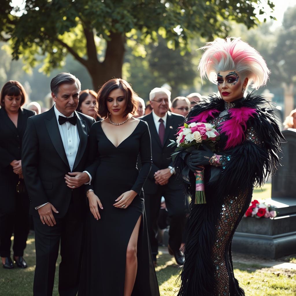 A poignant funeral scene set in an elegant, somber atmosphere