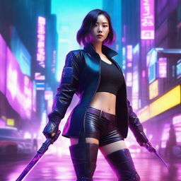 Hyper realistic image of a gorgeous Korean girl in an advanced cyberpunk attire with long pants, dexterously wielding a long, gleaming katana, set against the neon-infused landscapes of a tech-forward, futuristic metropolis