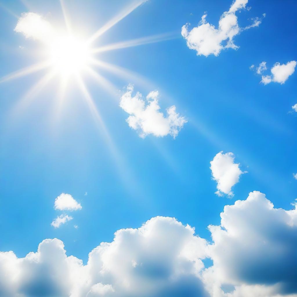 Generate an image of a serene blue sky, radiant and clear, with a few wispy white clouds lazily floating across, and the sun casting gentle rays of light