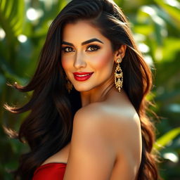 A glamorous and captivating portrait of a woman inspired by Sunny Leone, showcasing her striking features and radiant beauty