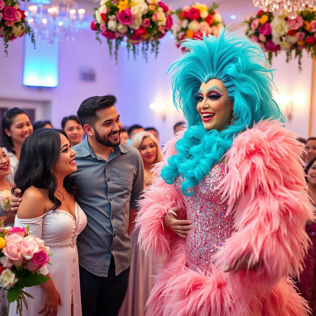 A vibrant and colorful wake scene featuring a couple standing together, surrounded by friends and family