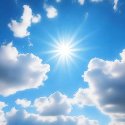 Generate an image of a serene blue sky, radiant and clear, with a few wispy white clouds lazily floating across, and the sun casting gentle rays of light