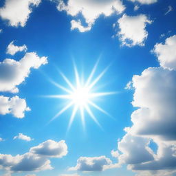 Generate an image of a serene blue sky, radiant and clear, with a few wispy white clouds lazily floating across, and the sun casting gentle rays of light