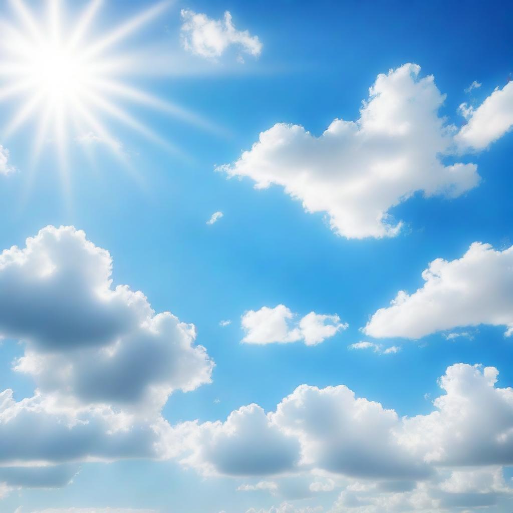 Generate an image of a serene blue sky, radiant and clear, with a few wispy white clouds lazily floating across, and the sun casting gentle rays of light