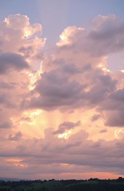 A breathtaking sky filled with fluffy white clouds, painted in soft pastel colors during a vibrant sunset