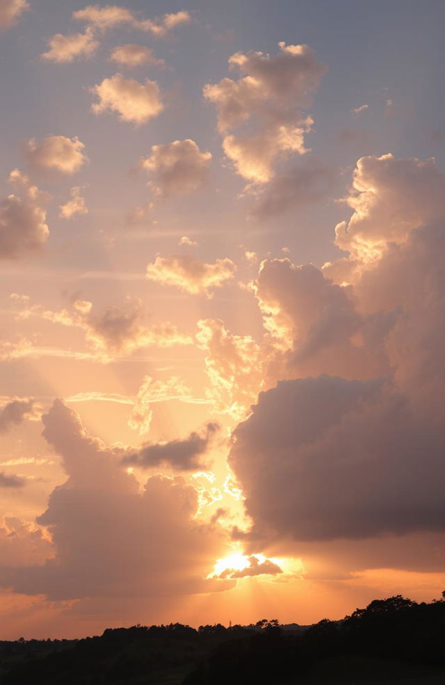 A breathtaking sky filled with fluffy white clouds, painted in soft pastel colors during a vibrant sunset