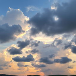 A serene sky filled with various types of clouds, including fluffy white cumulus clouds, wispy cirrus clouds, and dramatic dark storm clouds