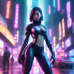 Hyper realistic depiction of a stunning Korean girl in futuristic ninja gear with long pants, stealthily navigating the high-tech, neon-soaked skyscrapers of a cyberpunk metropolis