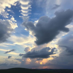 A serene sky filled with various types of clouds, including fluffy white cumulus clouds, wispy cirrus clouds, and dramatic dark storm clouds