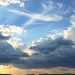 A serene sky filled with various types of clouds, including fluffy white cumulus clouds, wispy cirrus clouds, and dramatic dark storm clouds