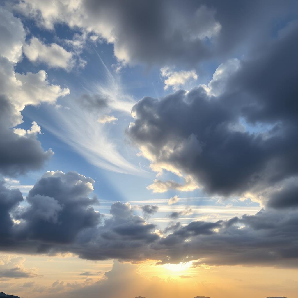 A serene sky filled with various types of clouds, including fluffy white cumulus clouds, wispy cirrus clouds, and dramatic dark storm clouds