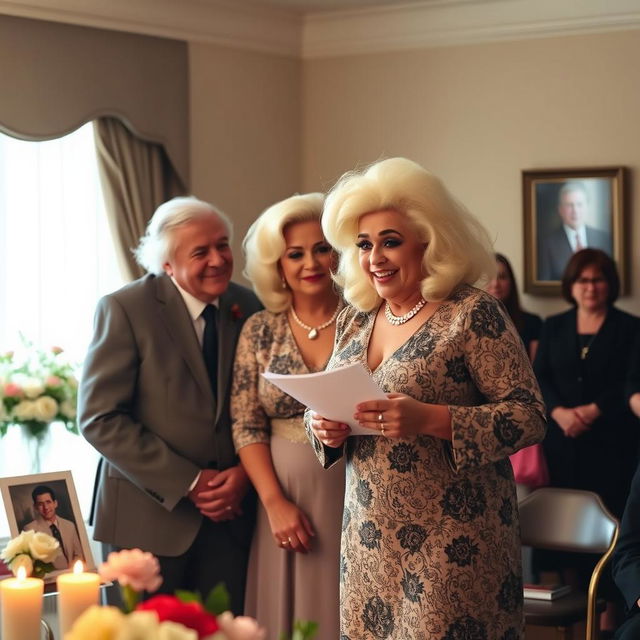 A poignant funeral wake scene featuring a couple standing together with expressions of love and remembrance, as they support each other during this emotional time