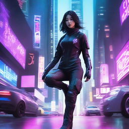 Hyper realistic depiction of a stunning Korean girl in futuristic ninja gear with long pants, stealthily navigating the high-tech, neon-soaked skyscrapers of a cyberpunk metropolis