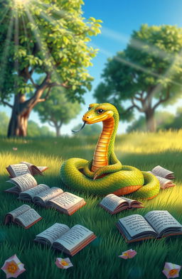 A whimsical scene depicting a snake sitting cross-legged on a soft green meadow, deep in thought