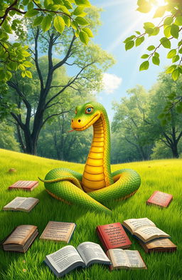 A whimsical scene depicting a snake sitting cross-legged on a soft green meadow, deep in thought