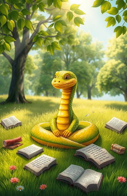 A whimsical scene depicting a snake sitting cross-legged on a soft green meadow, deep in thought