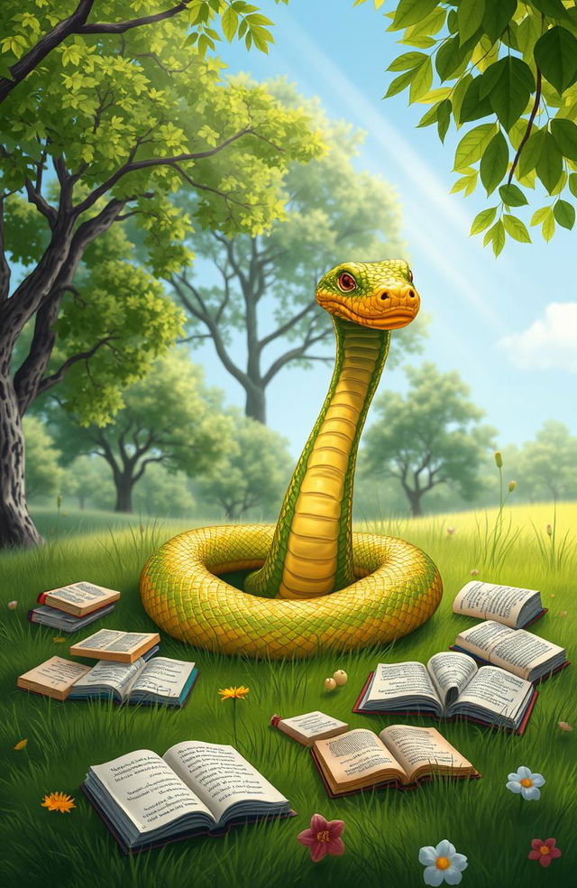 A whimsical scene depicting a snake sitting cross-legged on a soft green meadow, deep in thought