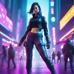 Hyper realistic depiction of a stunning Korean girl in futuristic ninja gear with long pants, stealthily navigating the high-tech, neon-soaked skyscrapers of a cyberpunk metropolis