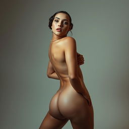 A confident and attractive woman posing confidently, showcasing her natural beauty and curves in an artistic nude setting