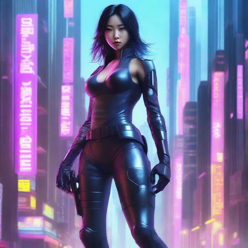 Hyper realistic depiction of a stunning Korean girl in futuristic ninja gear with long pants, stealthily navigating the high-tech, neon-soaked skyscrapers of a cyberpunk metropolis