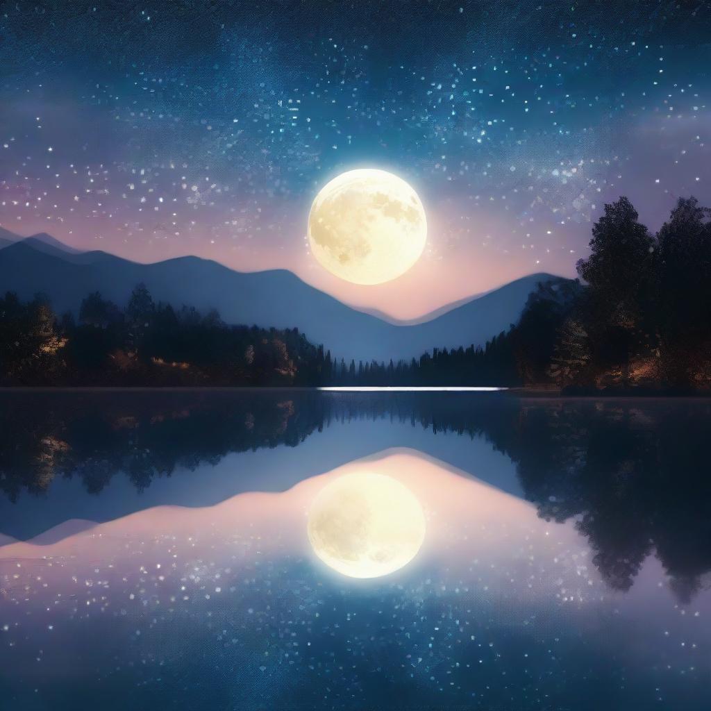 Generate an image portraying an enchanting night sky studded with countless glimmering stars, the luminescent moon bathing the landscape below in a gentle glow