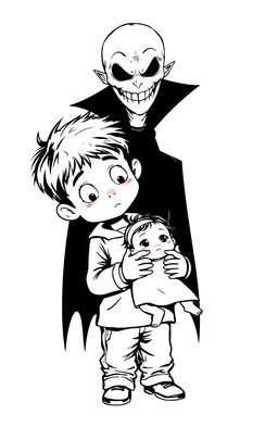 A black outline drawing of a young boy gently holding an infant girl in his arms