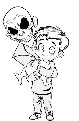 A black outline drawing of a young boy gently holding an infant girl in his arms