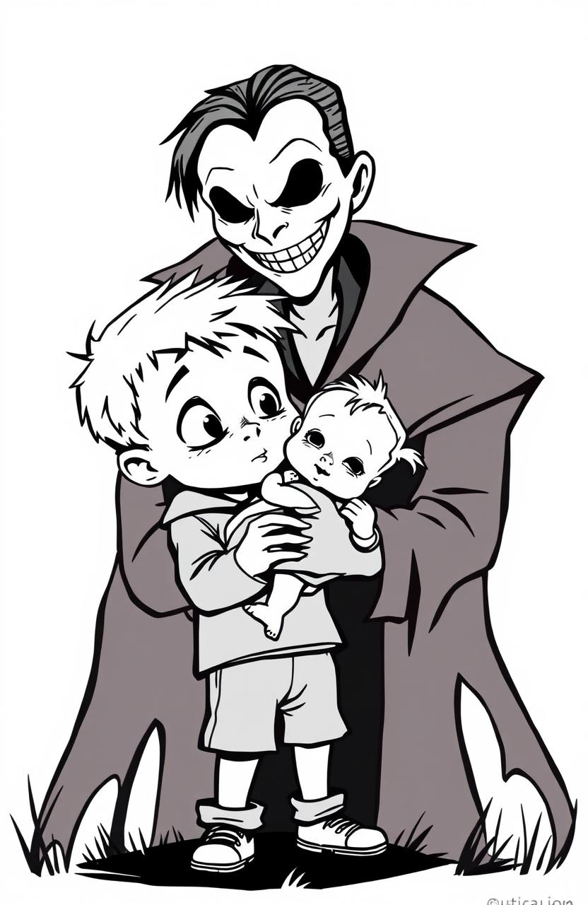 A black outline drawing of a young boy gently holding an infant girl in his arms