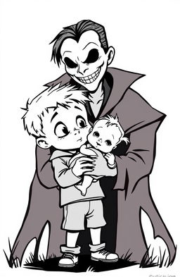 A black outline drawing of a young boy gently holding an infant girl in his arms