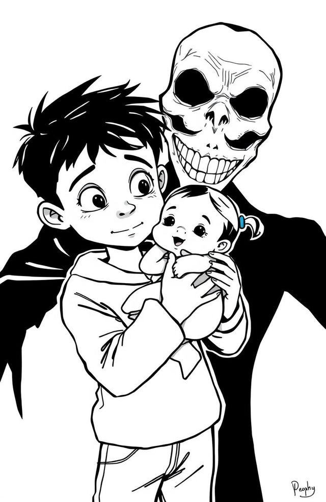 A black outline drawing of a young boy gently holding an infant girl in his arms