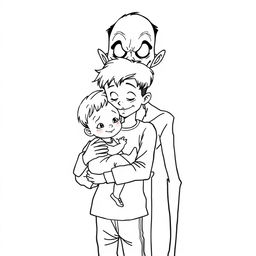 A black outline drawing of a young boy holding an infant girl in his arms, displaying a protective stance with a gentle expression