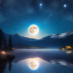 Generate an image portraying an enchanting night sky studded with countless glimmering stars, the luminescent moon bathing the landscape below in a gentle glow