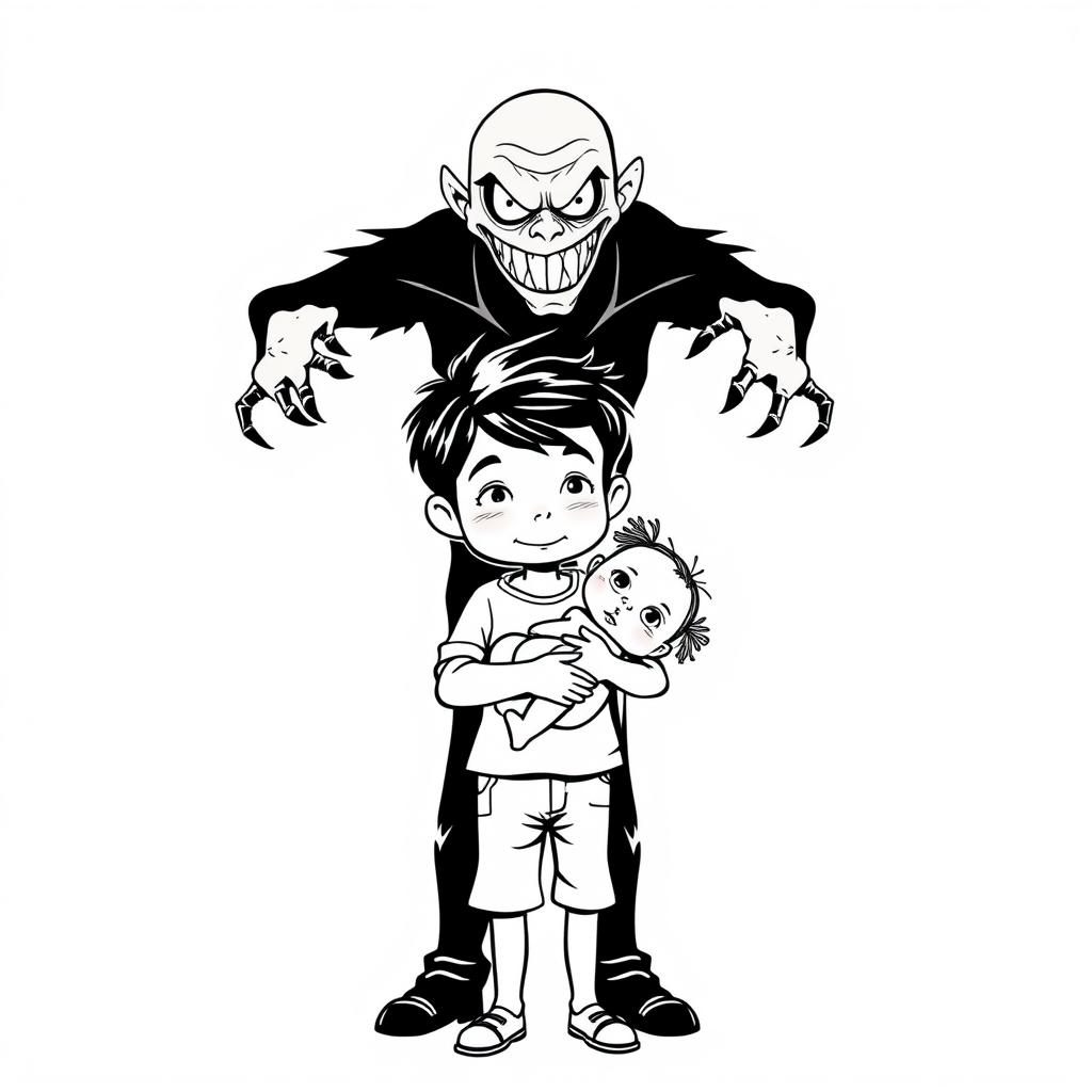 A black outline drawing of a young boy holding an infant girl in his arms, displaying a protective stance with a gentle expression