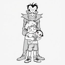 A black outline drawing of a young boy holding an infant girl in his arms, displaying a protective stance with a gentle expression