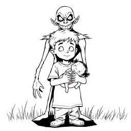 A black outline drawing of a young boy holding an infant girl in his arms, displaying a protective stance with a gentle expression