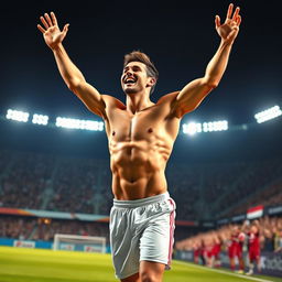 A stylized and artistic rendition of a professional soccer player resembling a young athletic man celebrating a victory