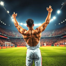 A stylized and artistic rendition of a professional soccer player resembling a young athletic man celebrating a victory