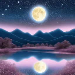 Generate an image portraying an enchanting night sky studded with countless glimmering stars, the luminescent moon bathing the landscape below in a gentle glow