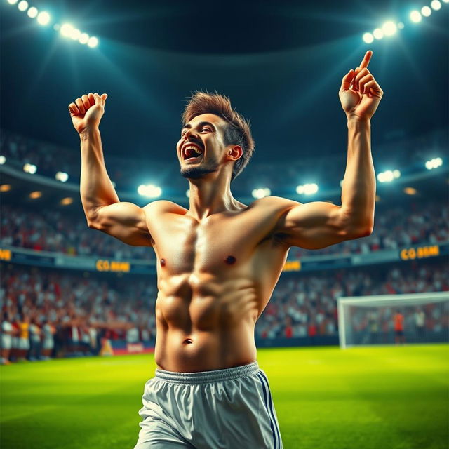 A stylized and artistic rendition of a professional soccer player resembling a young athletic man celebrating a victory